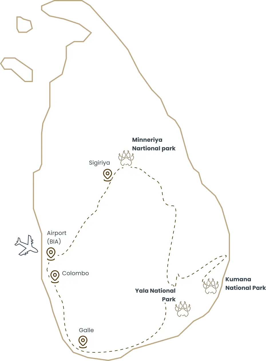 Suggested route across Sri Lanka