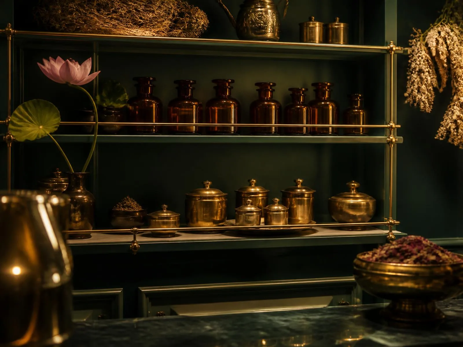 Apothecary shelf of amber oil bottles and brass balm jars in a deep green Colombo boutique