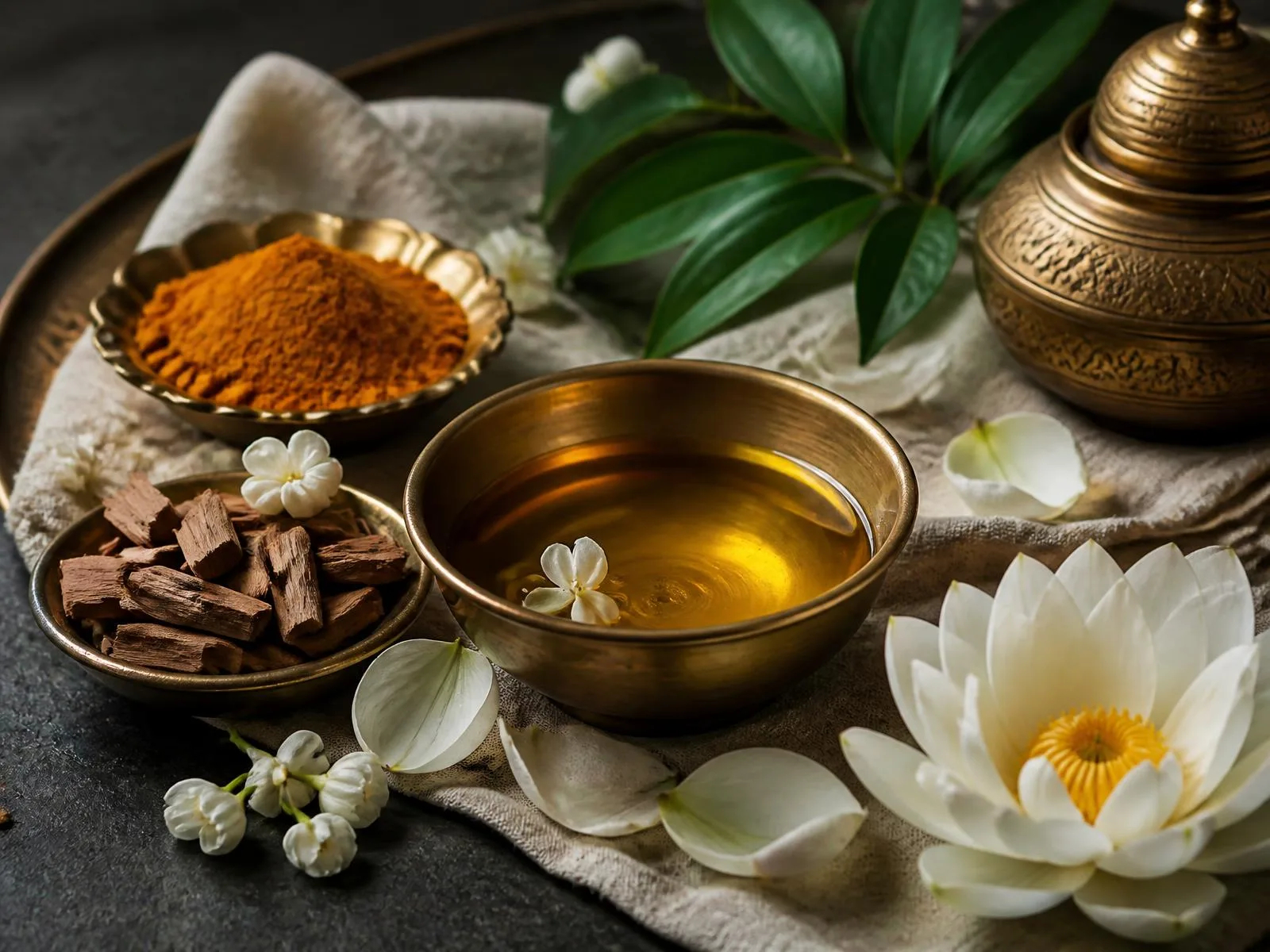 Brass bowl of warm herbal oil with turmeric, sandalwood, jasmine and lotus on ivory linen