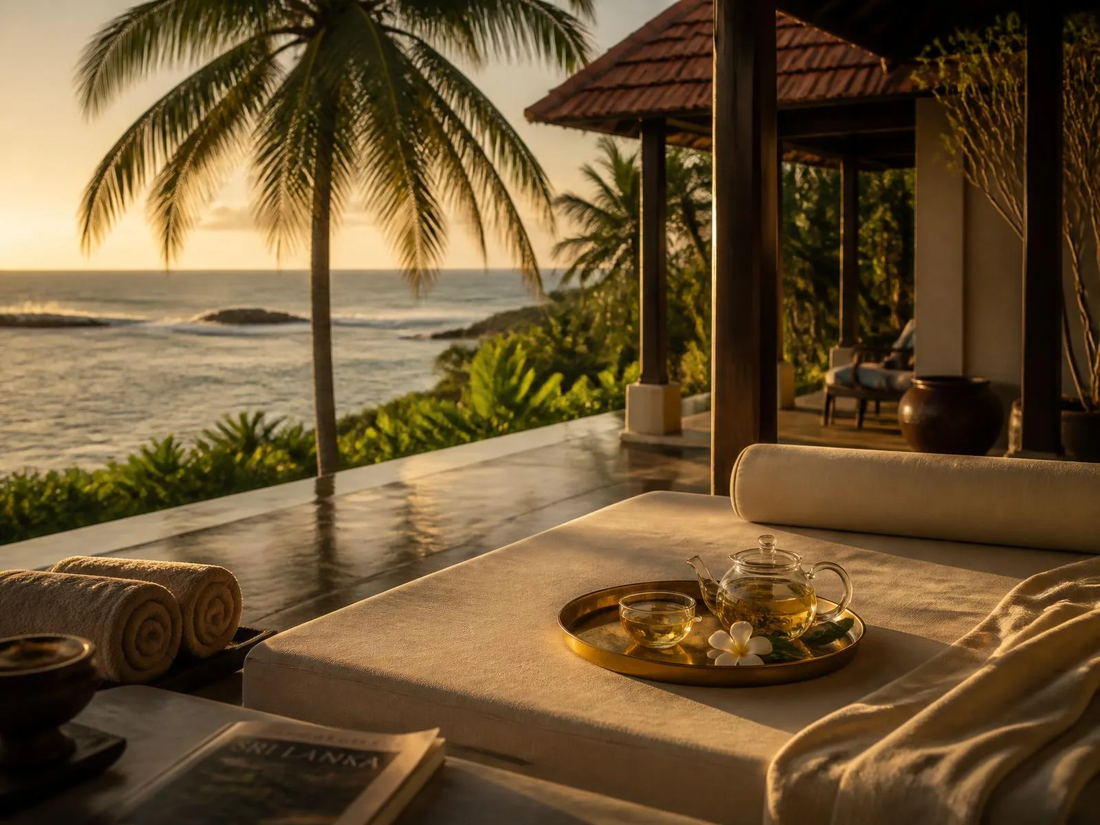 Private villa terrace at golden hour with herbal infusion and frangipani, ocean beyond